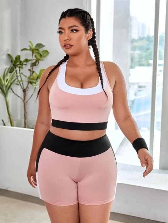Plus Four-way Stretch Colorblock Racer Back Sports Set
