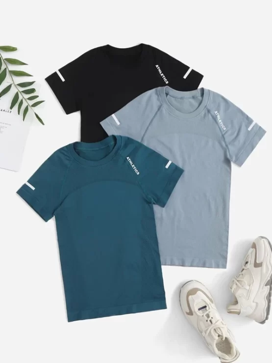 Three Pieces Letter Pattern Raglan Sleeve Rib-knit Sports Tee