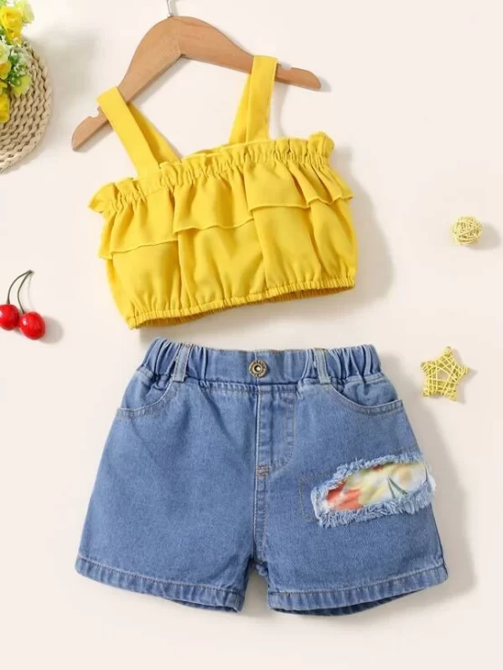Baby Frill Trim Cami Top & Ripped Patched Denim Shorts