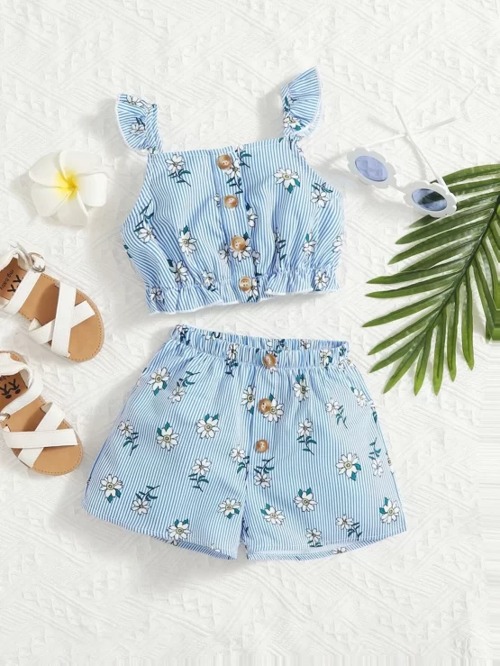 Baby Striped & Floral Print Ruffle Trim Button Front Top & Shorts