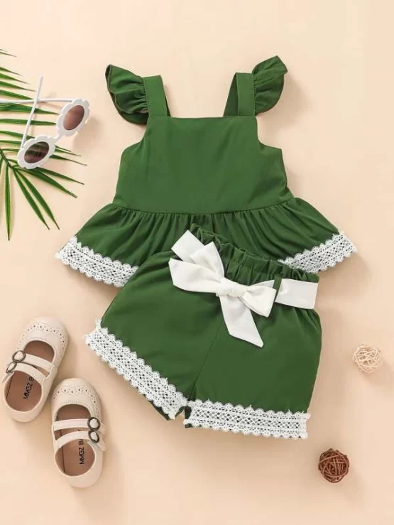 Baby Ruffle Trim Guipure Lace Insert Peplum Top & Belted Shorts