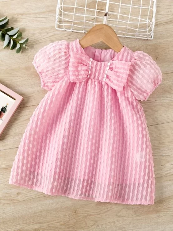 Baby Textured Bow Front Puff Sleeve Smock Dress