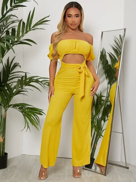 Off Shoulder Sexy Ruched Bust Belted Jumpsuit