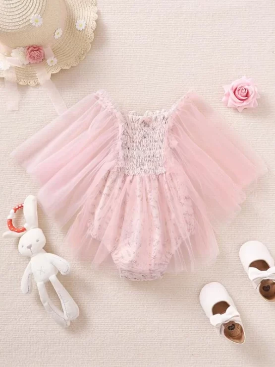 Baby Ditsy Floral Shirred Contrast Mesh Sleeve Bodysuit