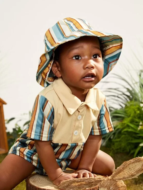 Baby Block Striped Half Button Bodysuit Without Hat