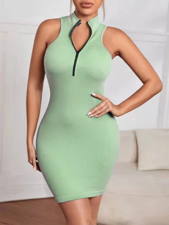 Mock Neck Half Zipper Placket Rib-knit Bodycon Active Dress