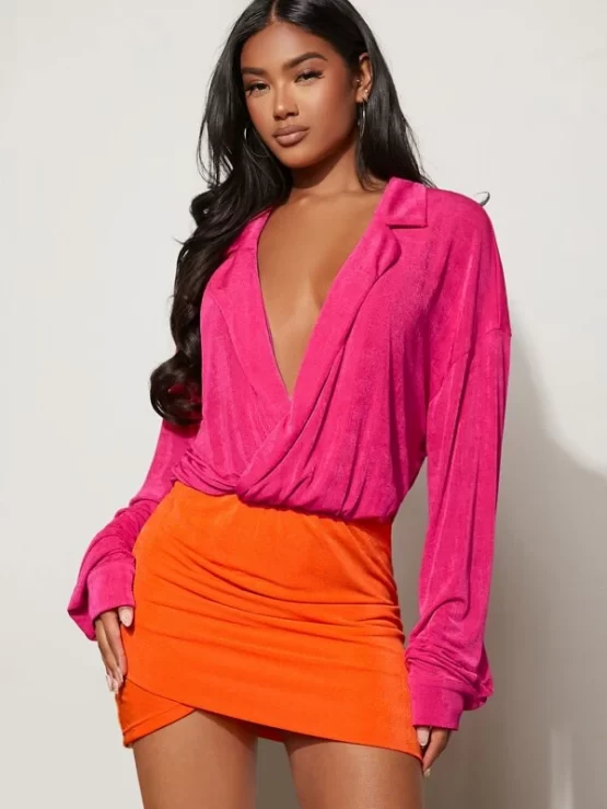Solid Drop Shoulder Two Tone Wrap Dress