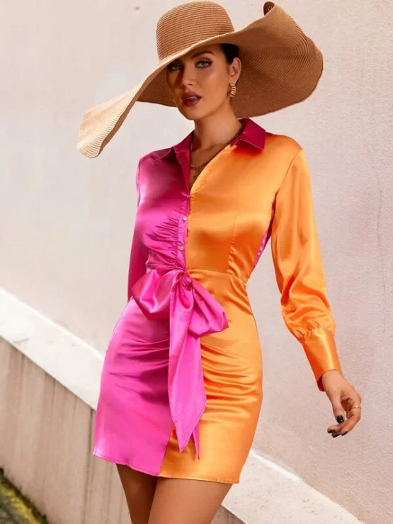 Two Tone Knot Belted Button Front Satin Dress