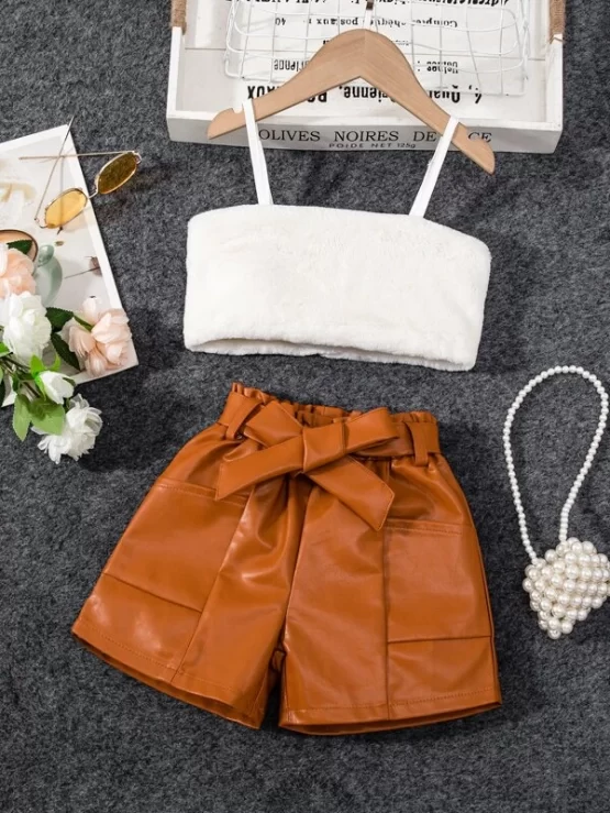 Toddler Girls Crop Cami Top With Paperbag Waist Belted Shorts