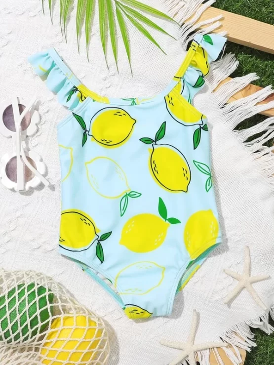 Baby Random Lemon Print ruffle Trim One Piece Swimsuit