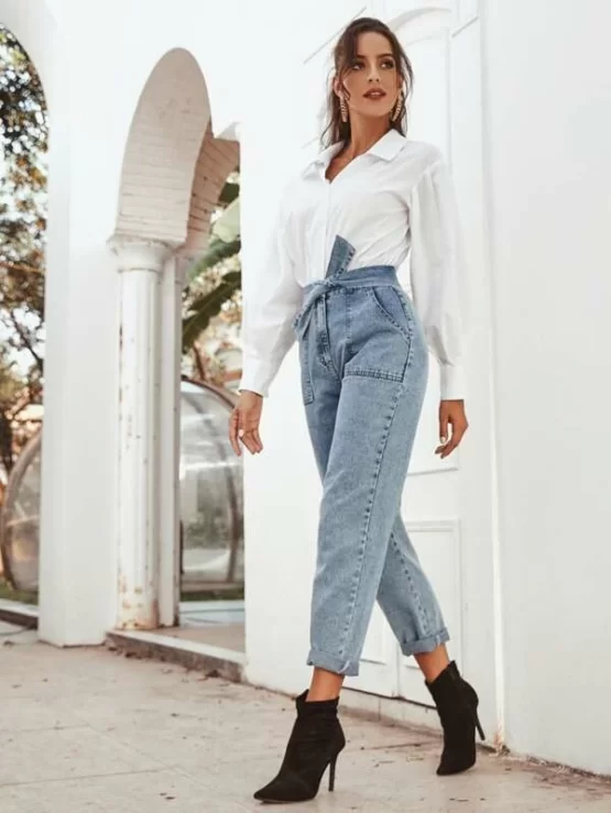 High Waisted Pocket Patched Tie Front Mom Jeans