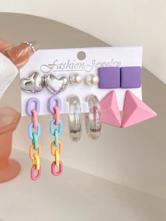 Six Pairs Heart & Geometric Design Earrings Set