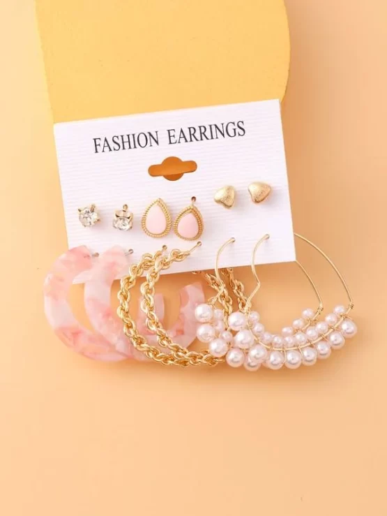 Six Pairs Heart Pearls Rhinestone Decor Earrings