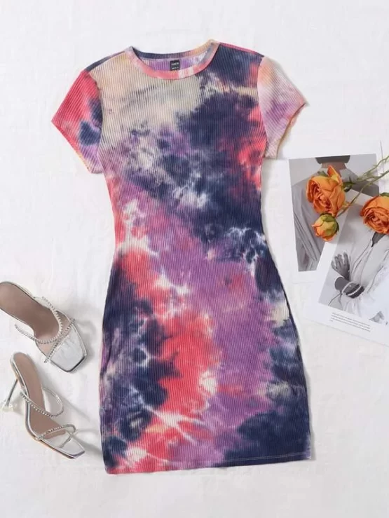 Tie Dye Casual Multicolor Rib-knit Bodycon Dress