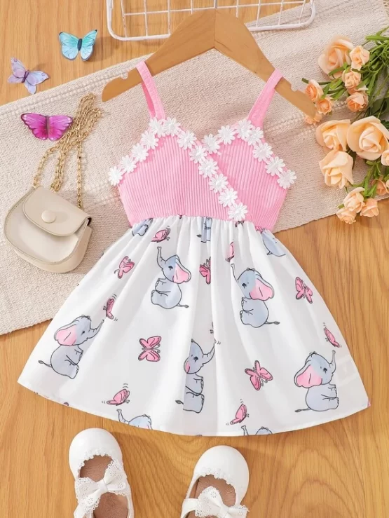 Baby Cartoon Graphic Contrast Lace Cami Dress