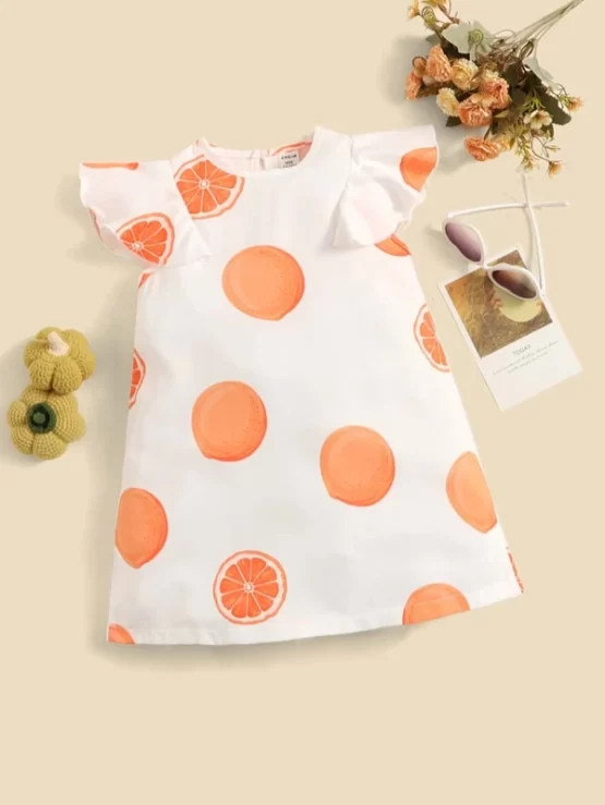 Baby Fruit Print Ruffle Butterfly Sleeve Dress