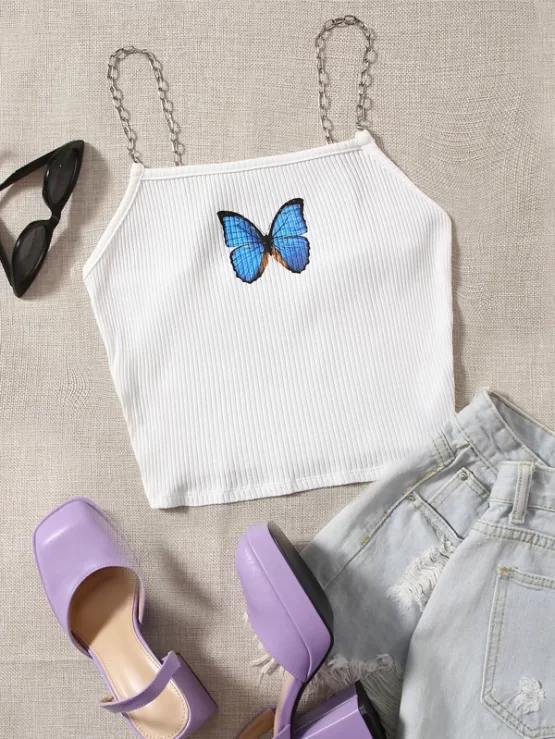 Chain Rib Knit Detail Butterfly Print Cami Top