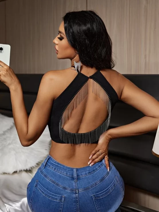 Fringe Backless Sexy Detail Crop Halter Top