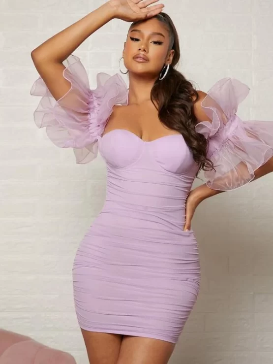Organza Ruffle Off Shoulder Bustier Mesh Overlay Bodycon Dress