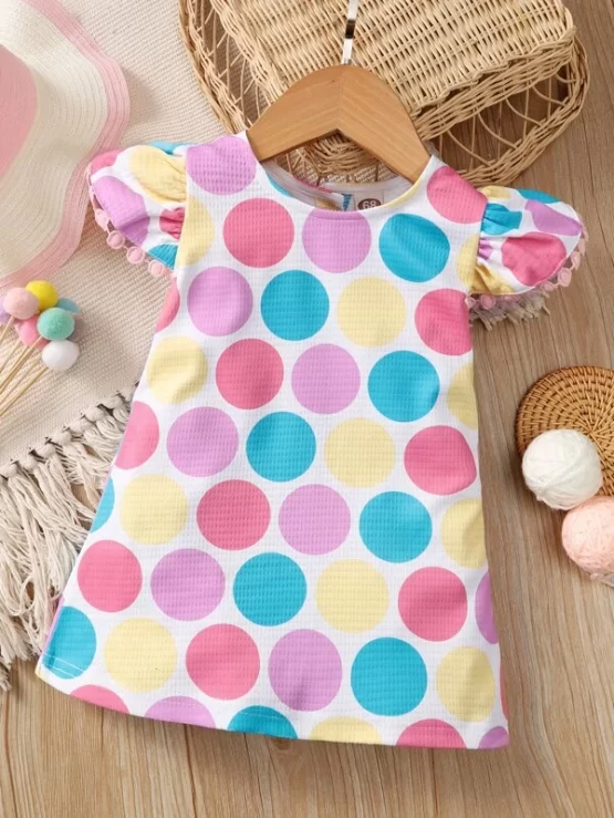 Baby Polka Dot Print Guipure Lace Trim Cap Sleeve Dress