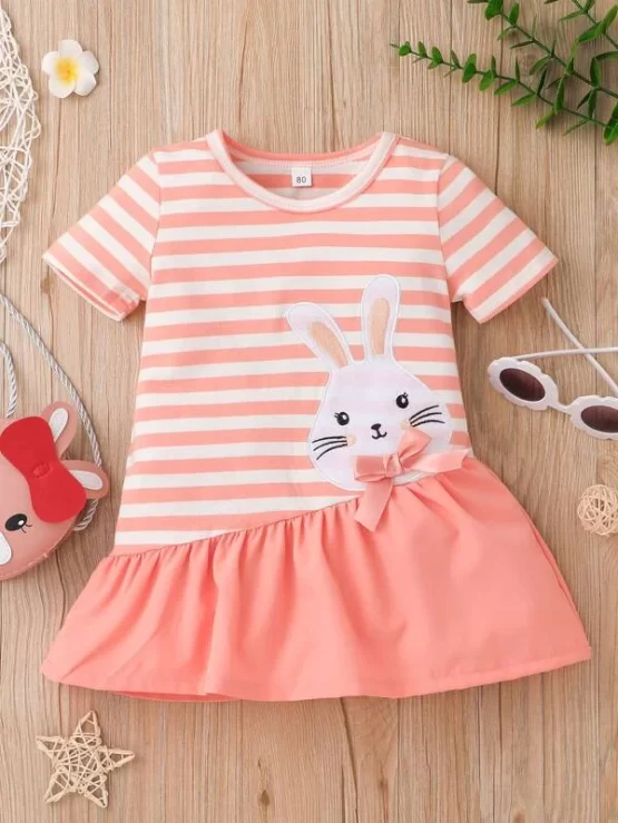 Baby Striped & Cartoon Print Bow Front Ruffle Hem Sleeve Dress