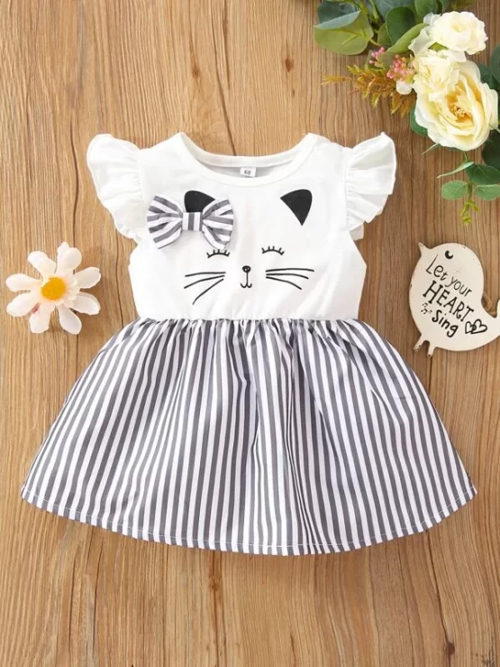 Baby Striped & Cartoon Graphic Bow Flutter Sleeve Dress