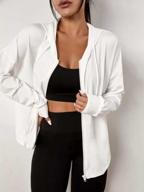 Drop Shoulder Slant Pockets Drawstring Hooded Sports Jacket