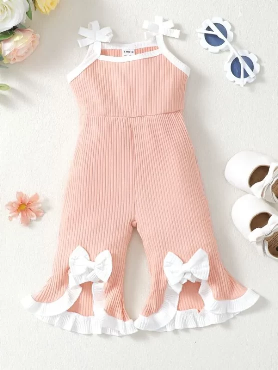Baby Bow Front Ruffle Trim Rib-knit Flare Leg Jumpsuit