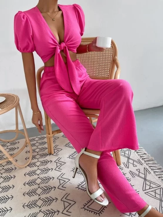 Tie Front Plain Boho Solid Top and Pants Set