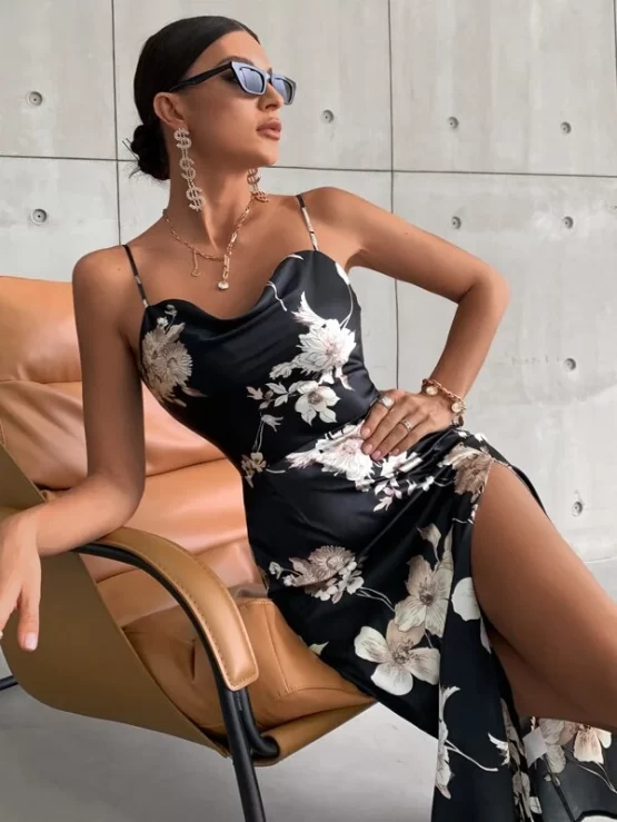 Floral Print Drape Neck Split Thigh Satin Dress