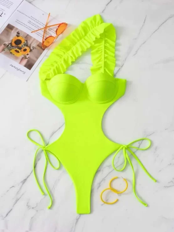 Neon Lime One Shoulder Ruffle Trim Tie Side Underwire One Piece Bikini Swimsuit