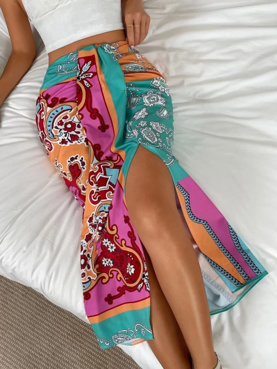 Paisley Draped Zipper Front Split Print Skirt