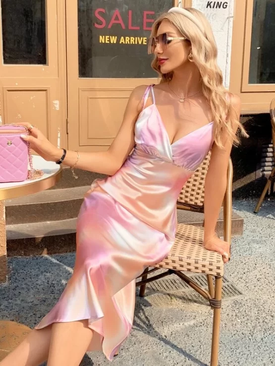 Glamorous Tie Dye Knot Shoulder Satin Cami Dress