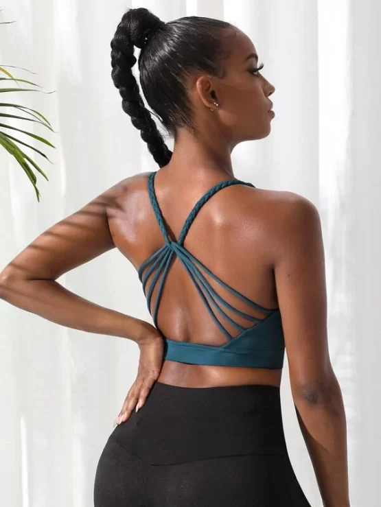 Cut Out Backless V neck Braided Detail Sports Bra