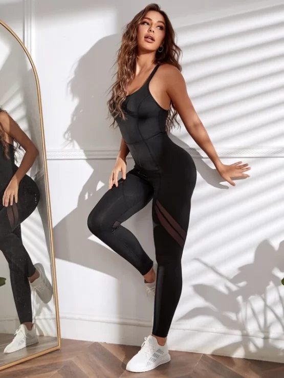 Strappy Back Contrast Mesh Sports Jumpsuit