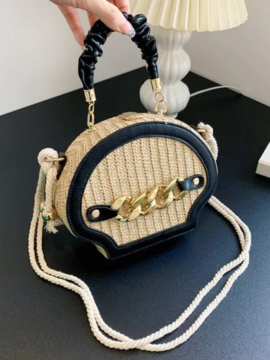 Chain Color Block top Handle Straw Decor Bag