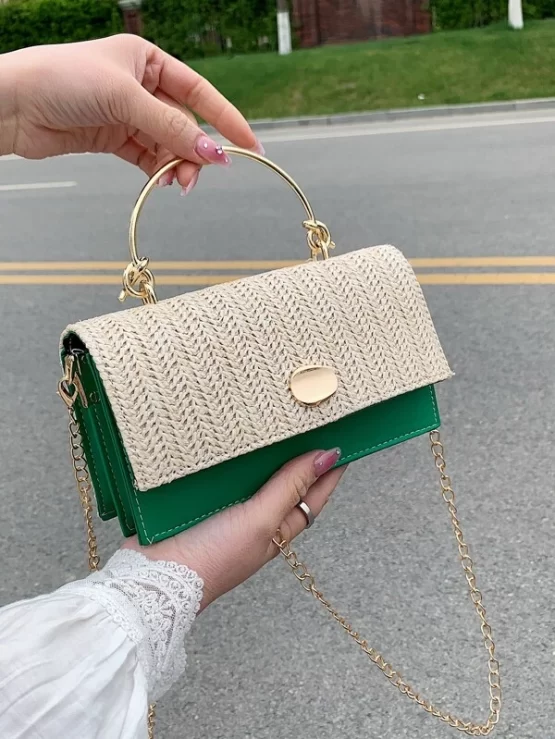 Mini Chain Color Block Metal Straw Decor Bag