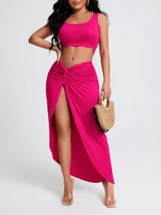 Solid Crop Tank Top & Split Thigh Twist Skirt Set