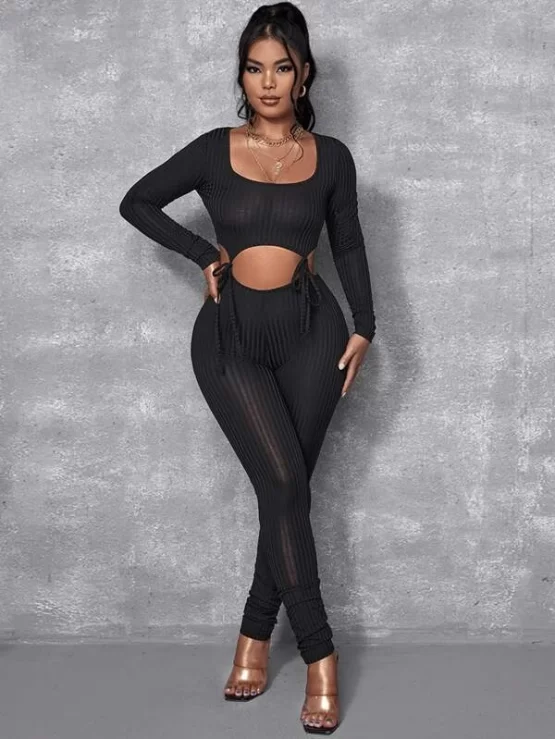 Knot Cut Out Lace Up Unitard Front Jumpsuit