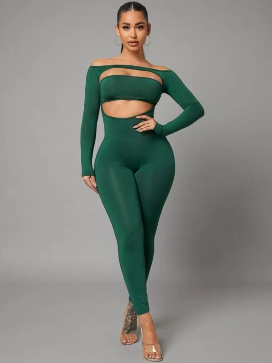 Off Shoulder Plain Cut Out Skinny Jumpsuit