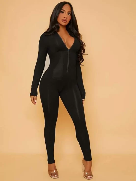 Solid Zipper V Neck Unitard Front Jumpsuit