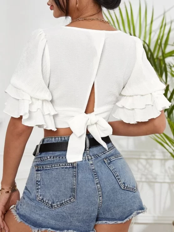 Wrap Tie Back Flounce Crop Sleeve Blouse