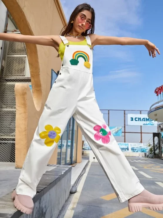 Floral Print Rainbow Patched Cami Jumpsuit