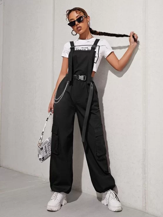 Chain Detail Flap Pocket Buckle Overall Belted Jumpsuit Without Tee