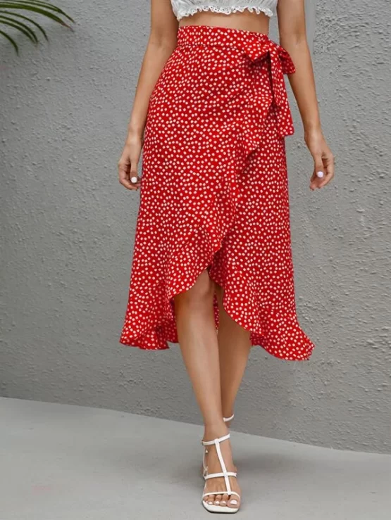 Ruffle Trim Knot Belted High Waist Side Wrap Skirt