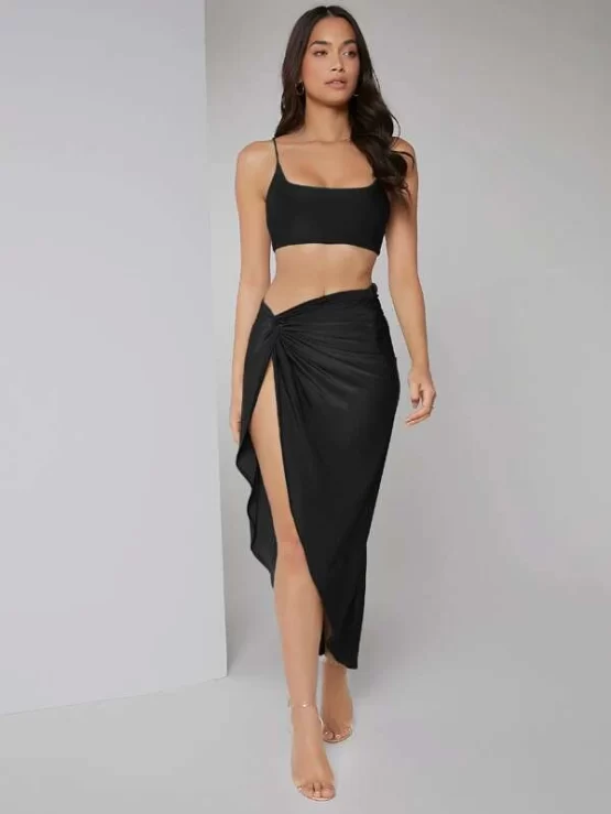 Solid Crop Cami Top & Twist Waist Skirt Set