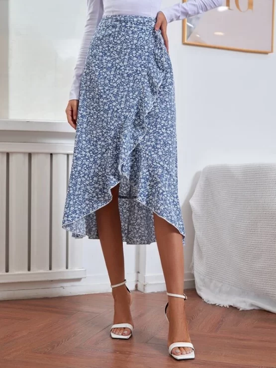 Ditsy Floral Print Lettuce Trim Ruffle Hem Skirt