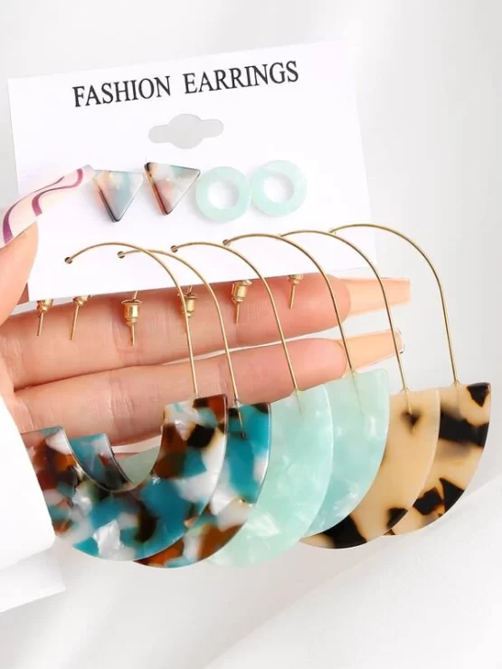 Five Pairs Random Pattern Triangle & Semicircle Decor Earrings