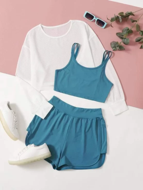 Three Pieces Color Block Fishnet Top & Cami & Shorts Sports Set