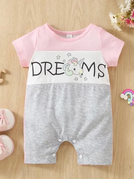 Baby Letter & Unicorn Print Colorblock Romper